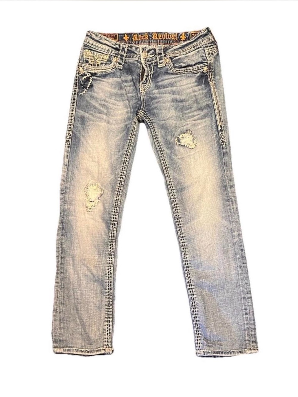 Y2K Rock Revival Women's Embroidered Light Wash Denim Capris 2000s Vintage
